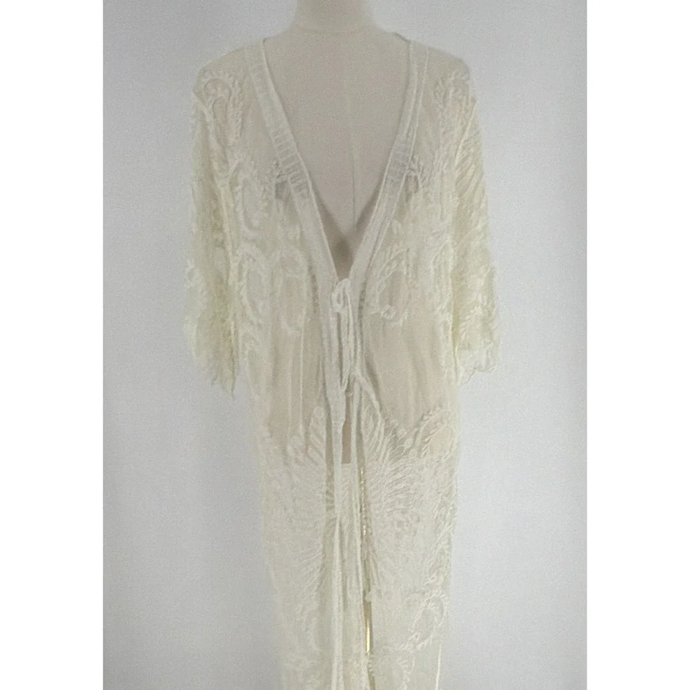 Ivory Sheer Lace Tie-Front Kimono 3/4 Sleeve One Size Indie Boho Fairy